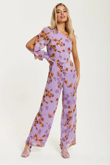 Purple Floral Asymmetrical Jumpsuit Liquorish